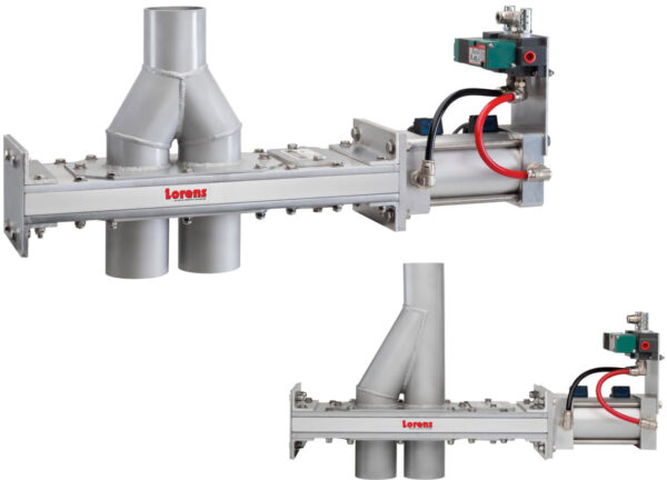 two different Lorenz 2-way 'Y' style pneumatic conveying diverters