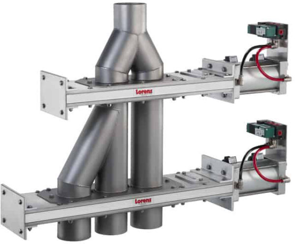 two connected Lorenz 3-way 'Y' style pneumatic conveying diverters