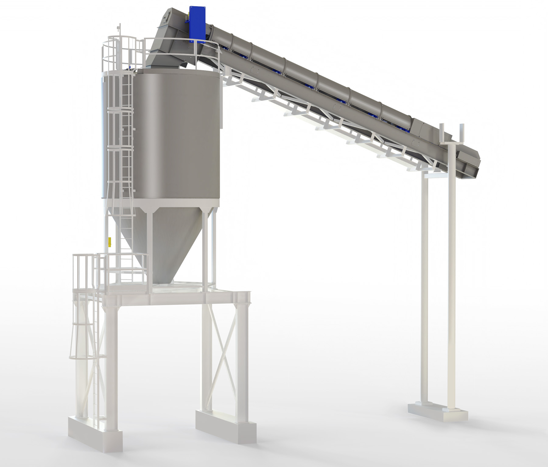 Dry bulk storage system rendering with conveyor feed and silo